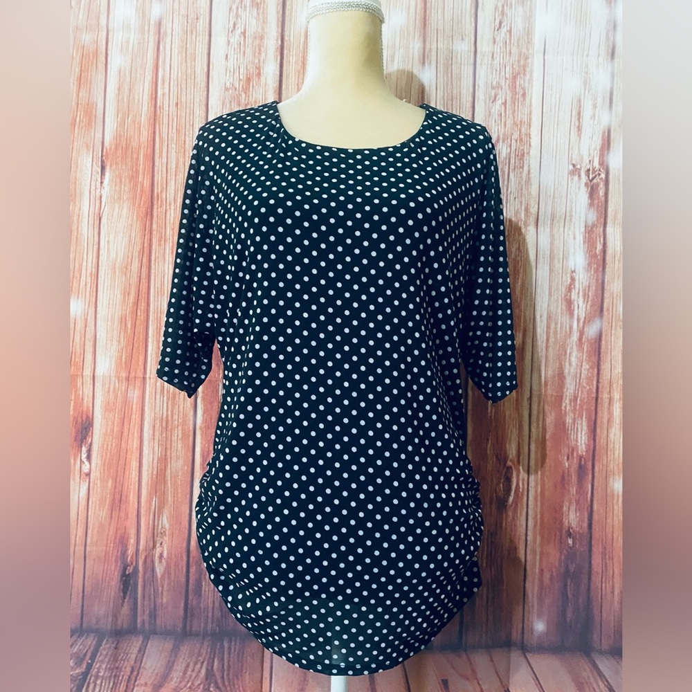 Women’s Large Blouse Ember Black White Polka Dot Short Sleeves Cinched Sides